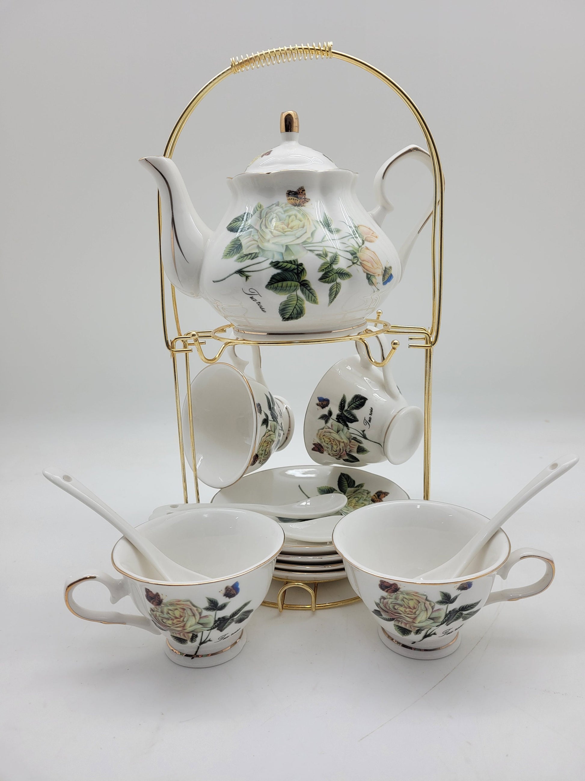 White Rose Tea Set(24K Gold) With A Metal Rack