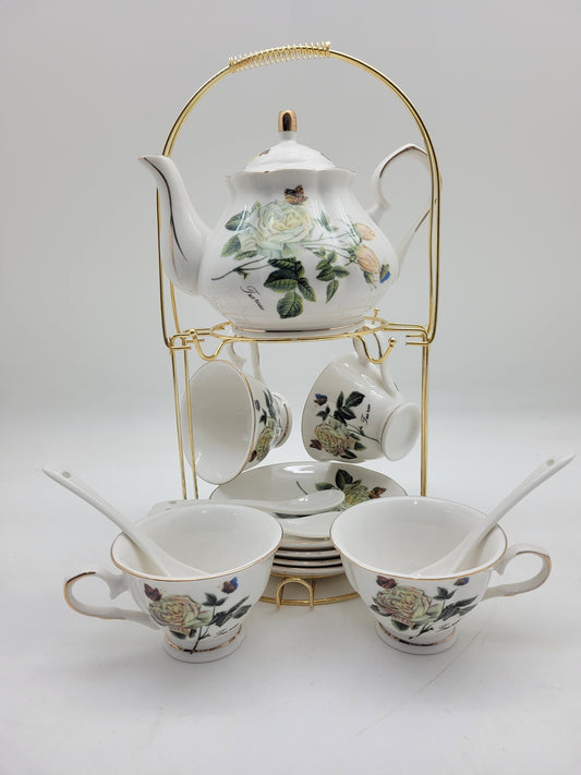 White Rose Tea Set(24K Gold) With A Metal Rack