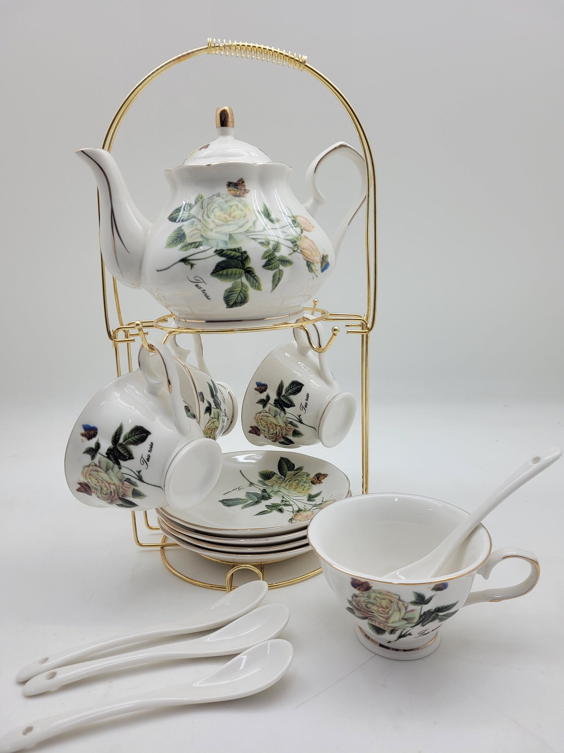 White Rose Tea Set(24K Gold) With A Metal Rack