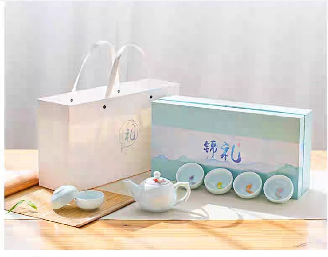 Oriental Koi Fish Design Light Blue Ceramic Tea Set