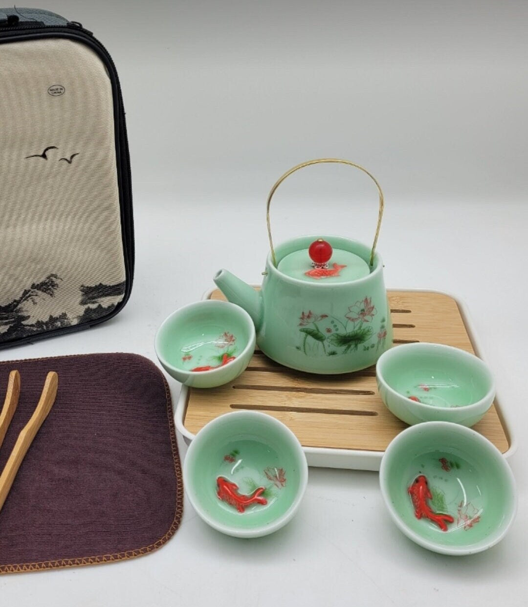 Portable traveling 3D koi fish with lotus tea set/kungfu tea/tea art