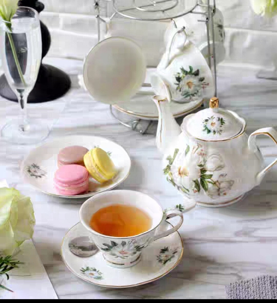 Vintage Magnolia Porcelain Tea Set (24k Gold Gilded)With A Metal Rack