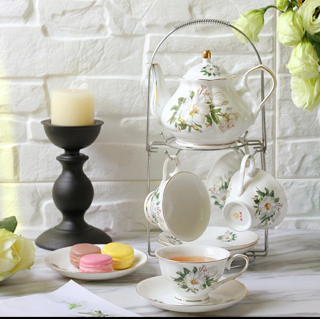 Vintage Magnolia Porcelain Tea Set (24k Gold Gilded)With A Metal Rack