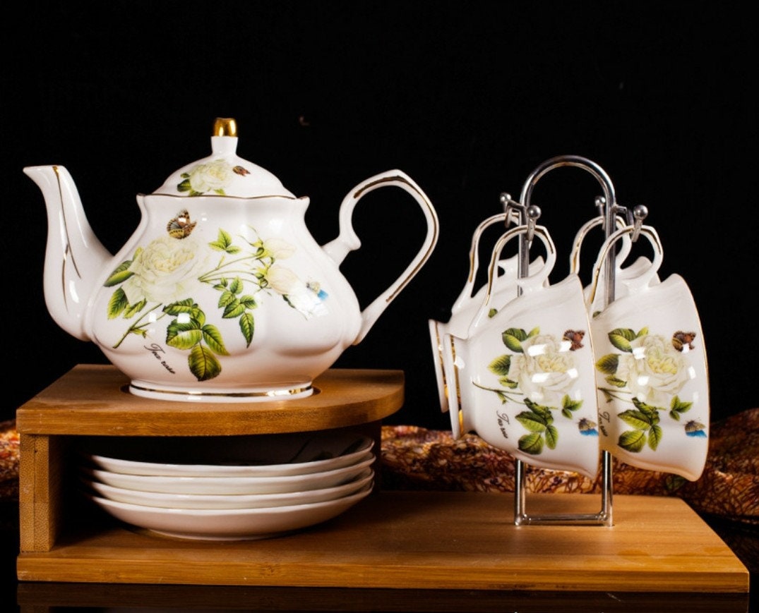 White Rose Tea Set(24K Gold) With A Metal Rack