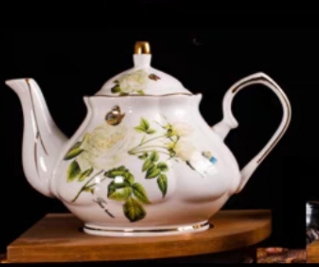 White Rose Tea Set(24K Gold) With A Metal Rack