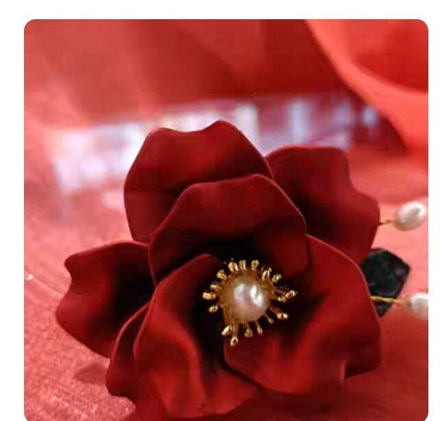Bridal Red Roses Pearl With Green Leaves Wedding Hair Pin/Hair Accessory