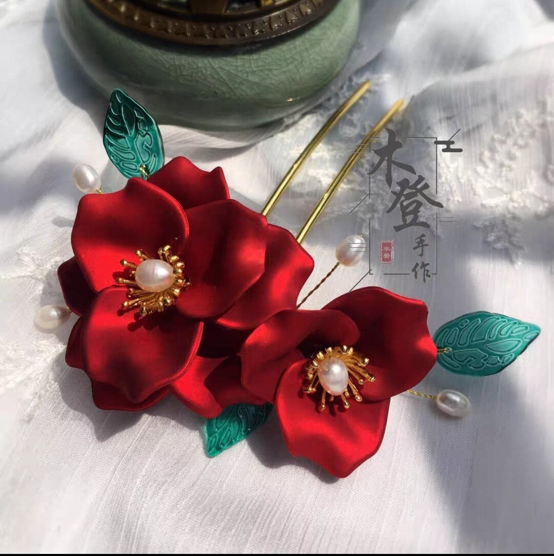 Bridal Red Roses Pearl With Green Leaves Wedding Hair Pin/Hair Accessory