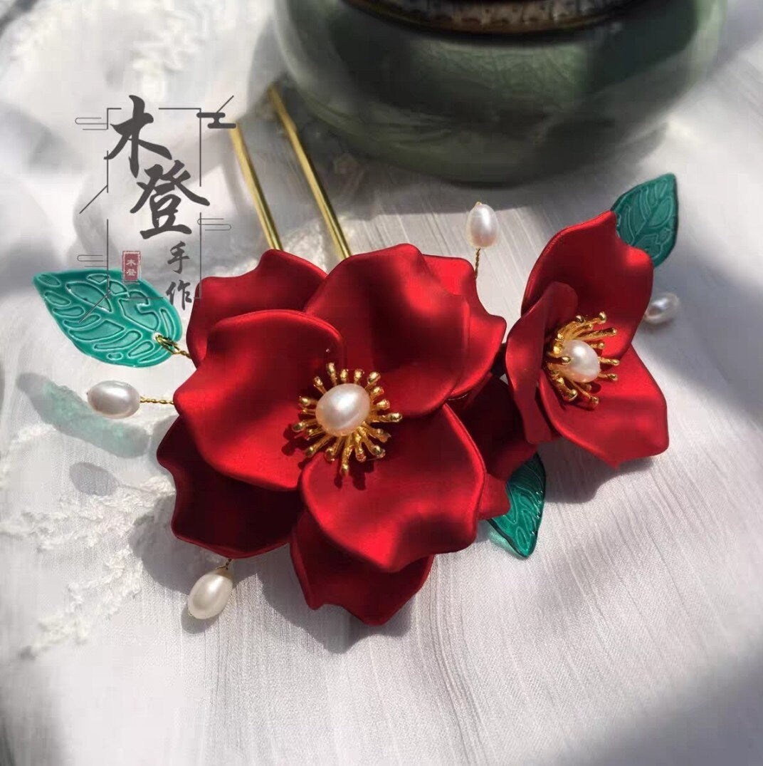Bridal Red Roses Pearl With Green Leaves Wedding Hair Pin/Hair Accessory