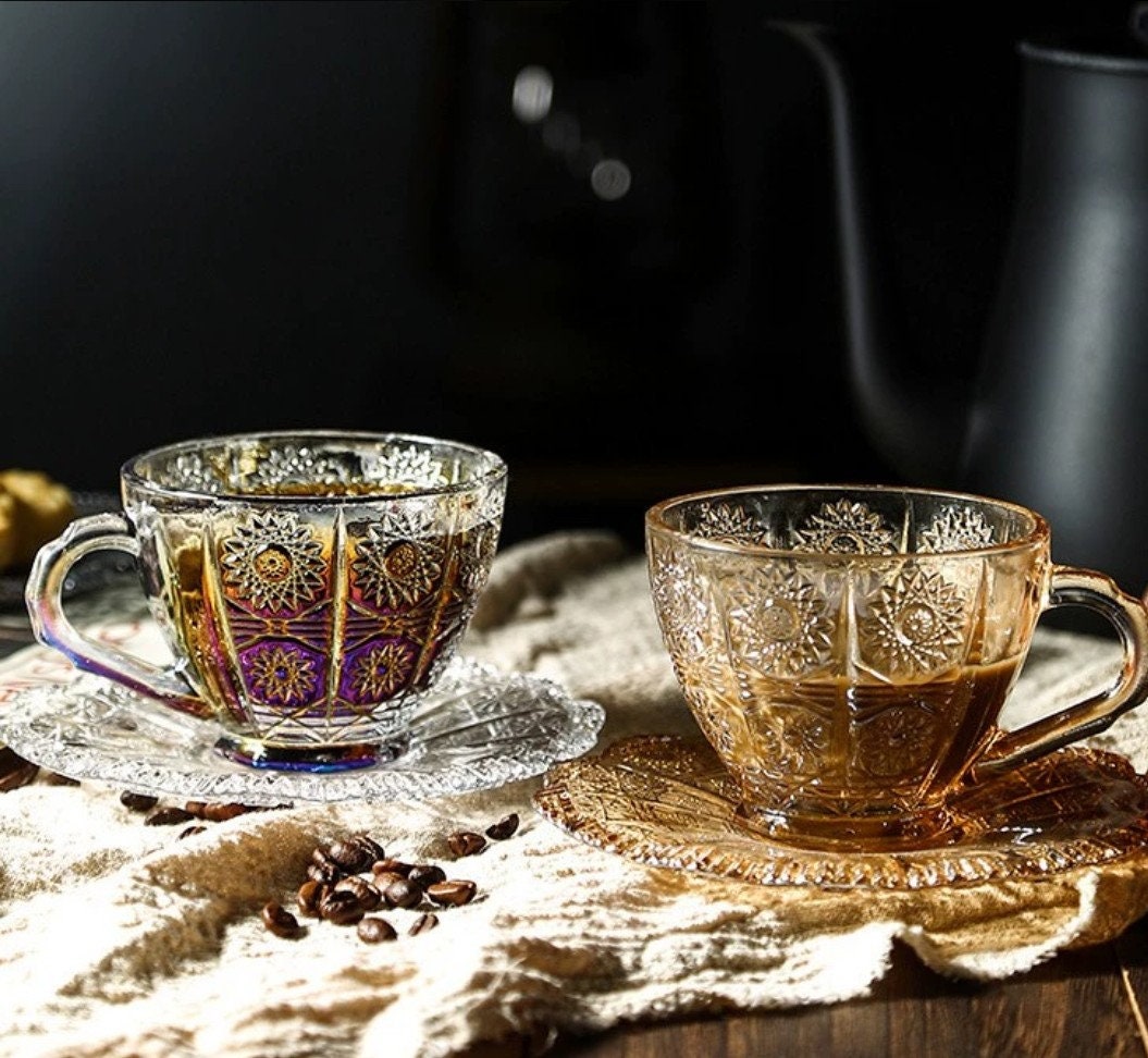 Vintage Sunflowers Glass Coffee Cup with Saucer/Tea Cup with Saucer/Coffee Mug with Saucer/195ML