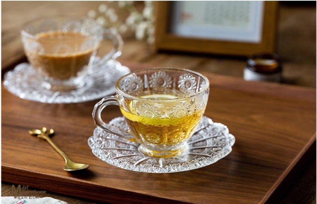 Vintage Sunflowers Glass Coffee Cup with Saucer/Tea Cup with Saucer/Coffee Mug with Saucer/195ML