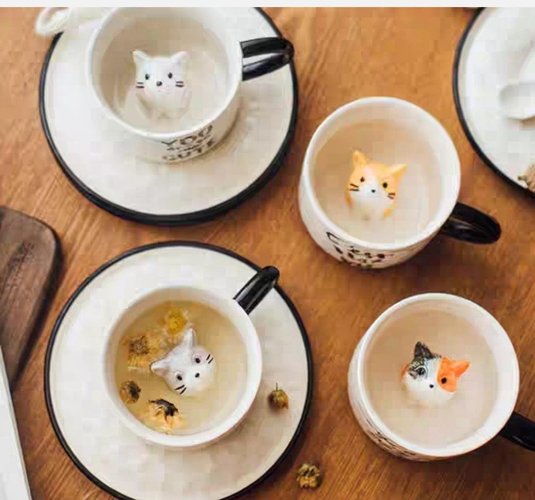 Ceramic Cute Cat Pattern Cup with Saucers/Kitty Coffee Mugs/Best Gift for Cat Tea Coffee Lovers