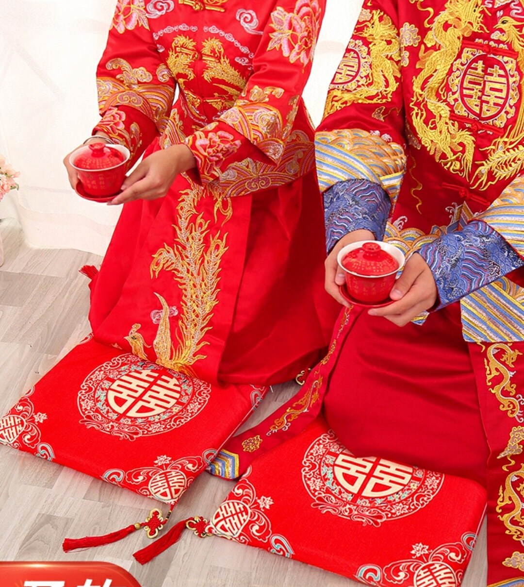 Double Happiness kneeling pad with tassels/Cushion-For Tea Ceremony/wedding/A set of two