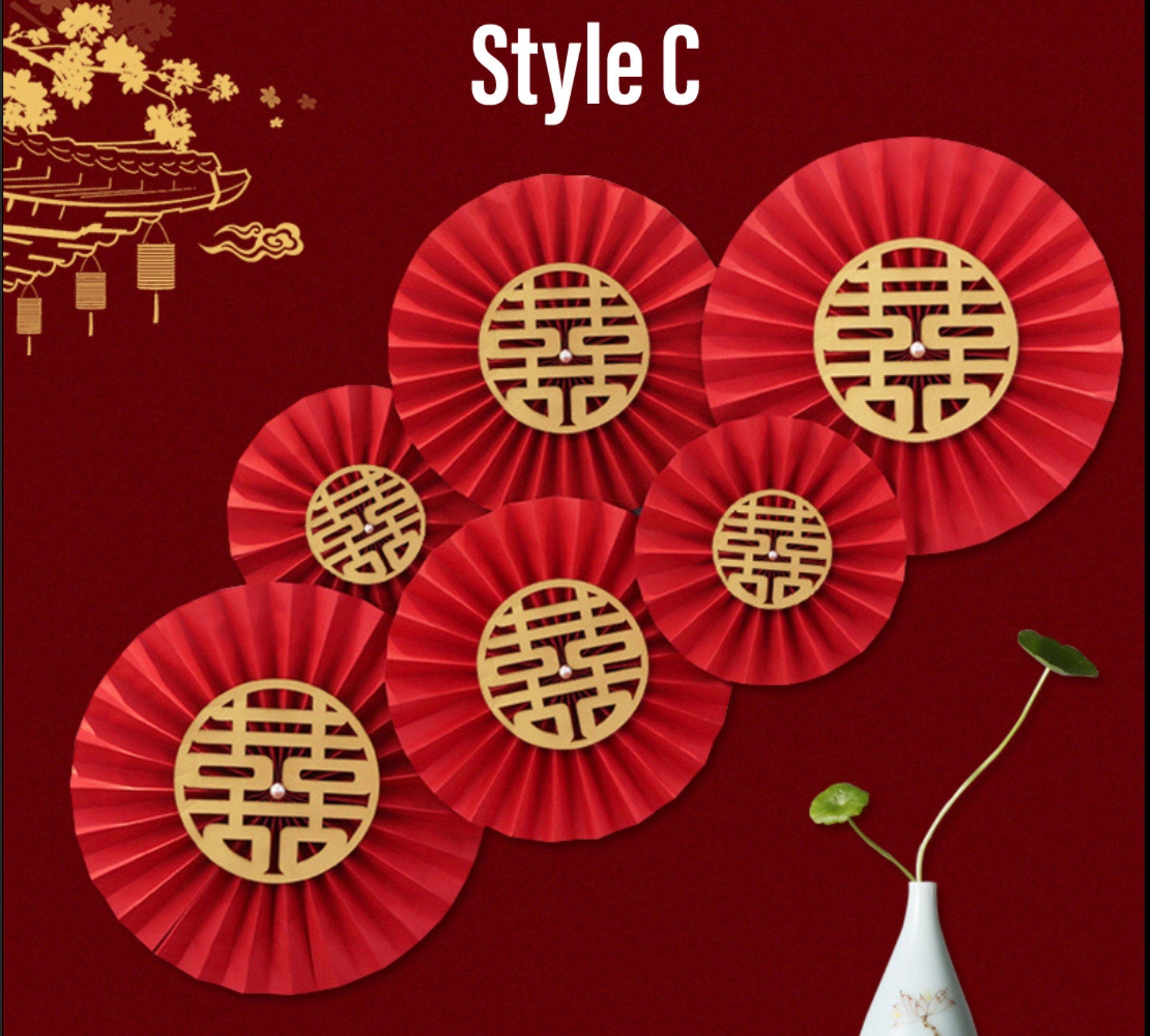 Red Double Happiness Paper Pinwheel Traditional Wedding Wall Decoration/A set of 6/Plain or Double Happiness With Different Pattern
