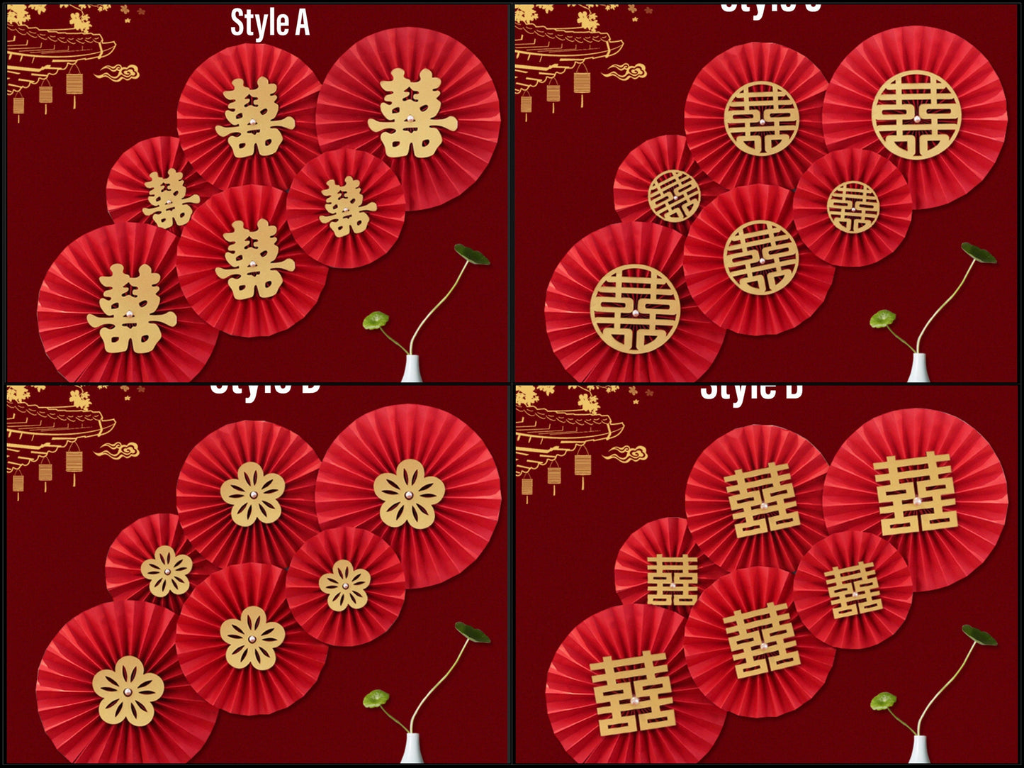 Red Double Happiness Paper Pinwheel Traditional Wedding Wall Decoration/A set of 6/Plain or Double Happiness With Different Pattern