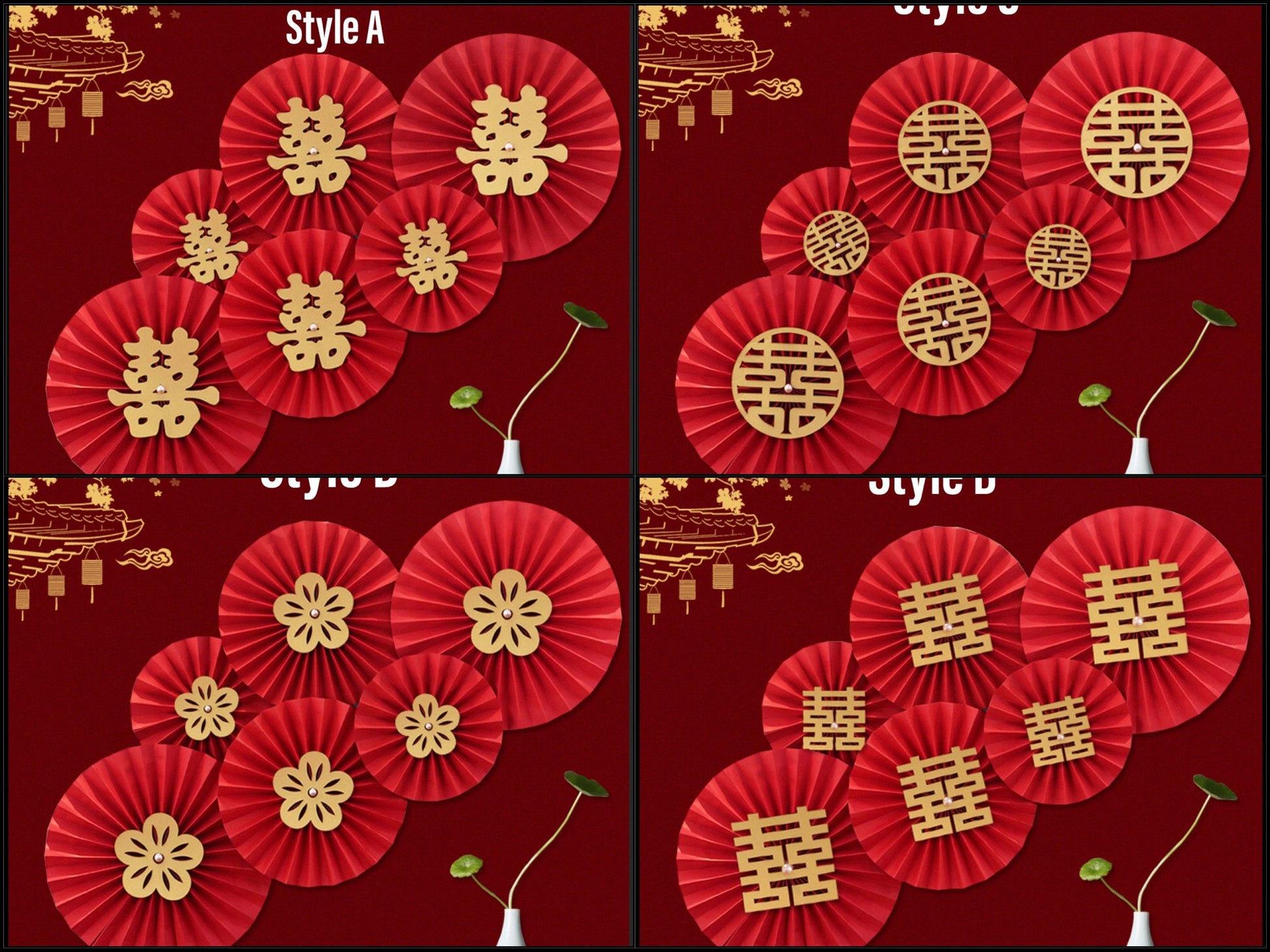 Red Double Happiness Paper Pinwheel Traditional Wedding Wall Decoration/A set of 6/Plain or Double Happiness With Different Pattern