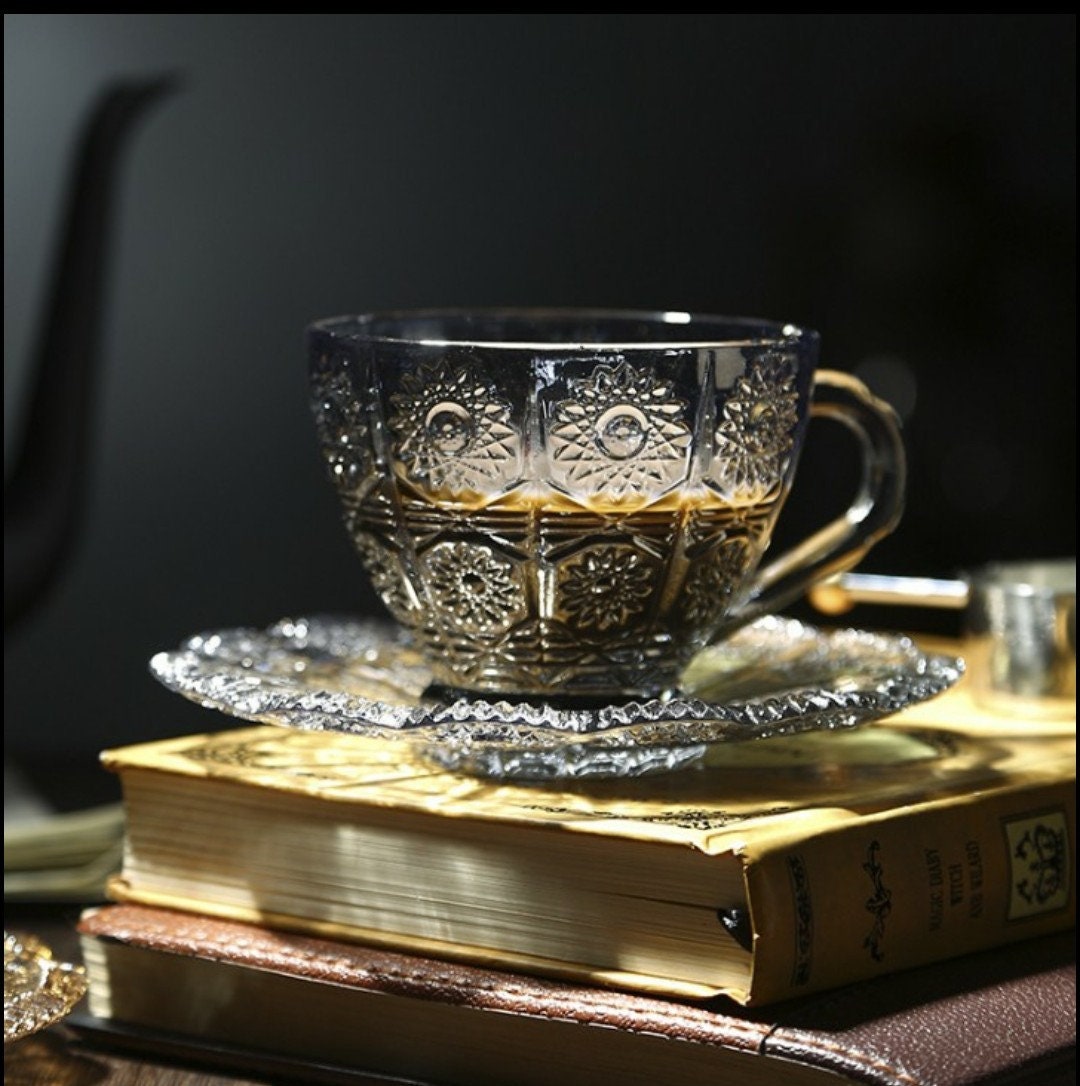Vintage Sunflowers Glass Coffee Cup with Saucer/Tea Cup with Saucer/Coffee Mug with Saucer/195ML