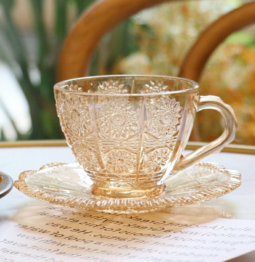Vintage Sunflowers Glass Coffee Cup with Saucer/Tea Cup with Saucer/Coffee Mug with Saucer/195ML