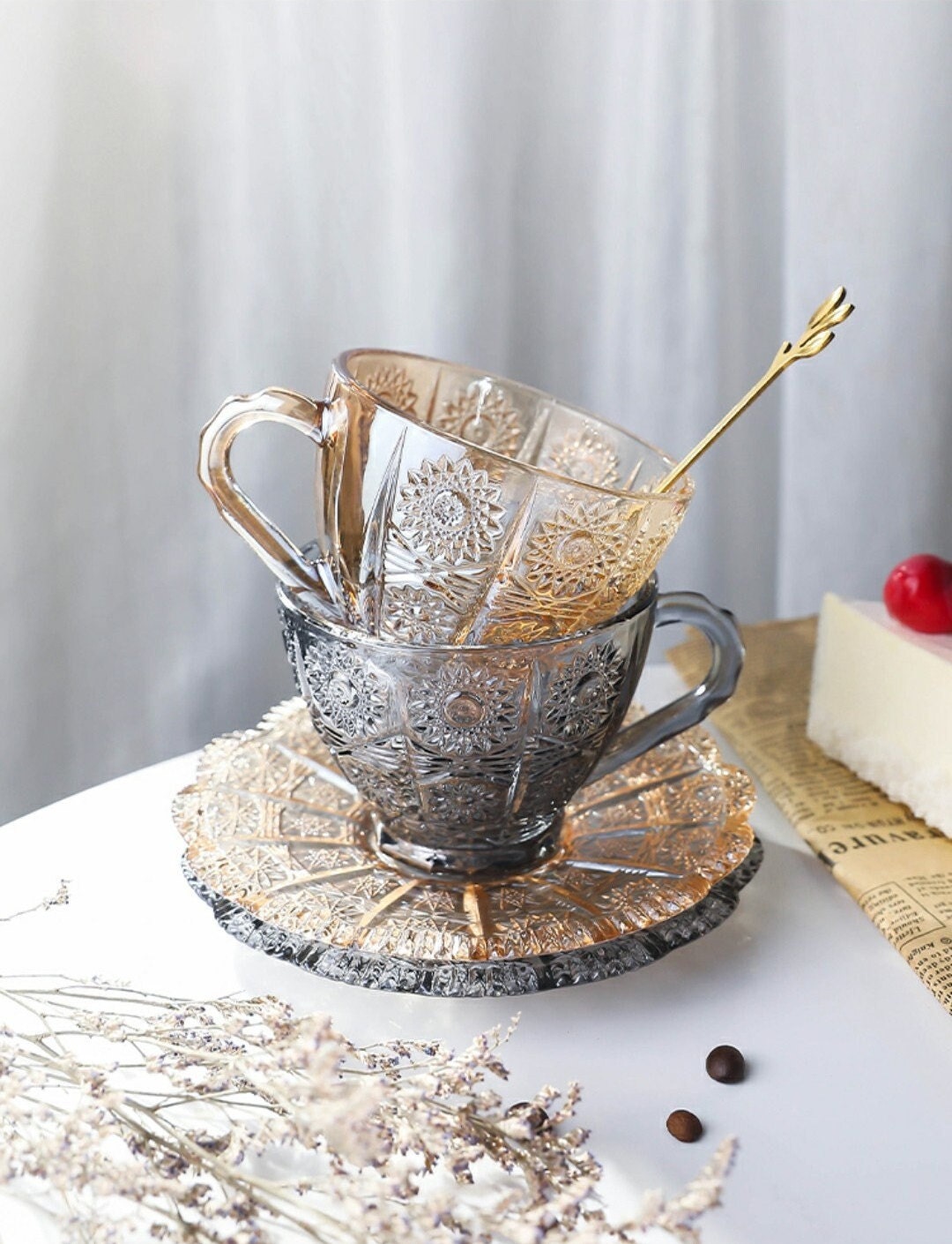 Vintage Sunflowers Glass Coffee Cup with Saucer/Tea Cup with Saucer/Coffee Mug with Saucer/195ML