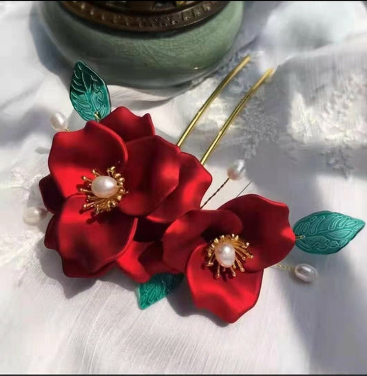 Bridal Red Roses Pearl With Green Leaves Wedding Hair Pin/Hair Accessory