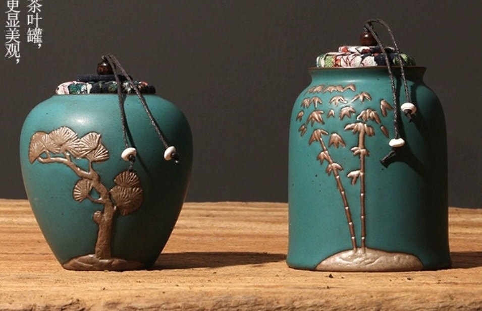 Vintage Tea Canisters/Green Porcelain Tea Jars
