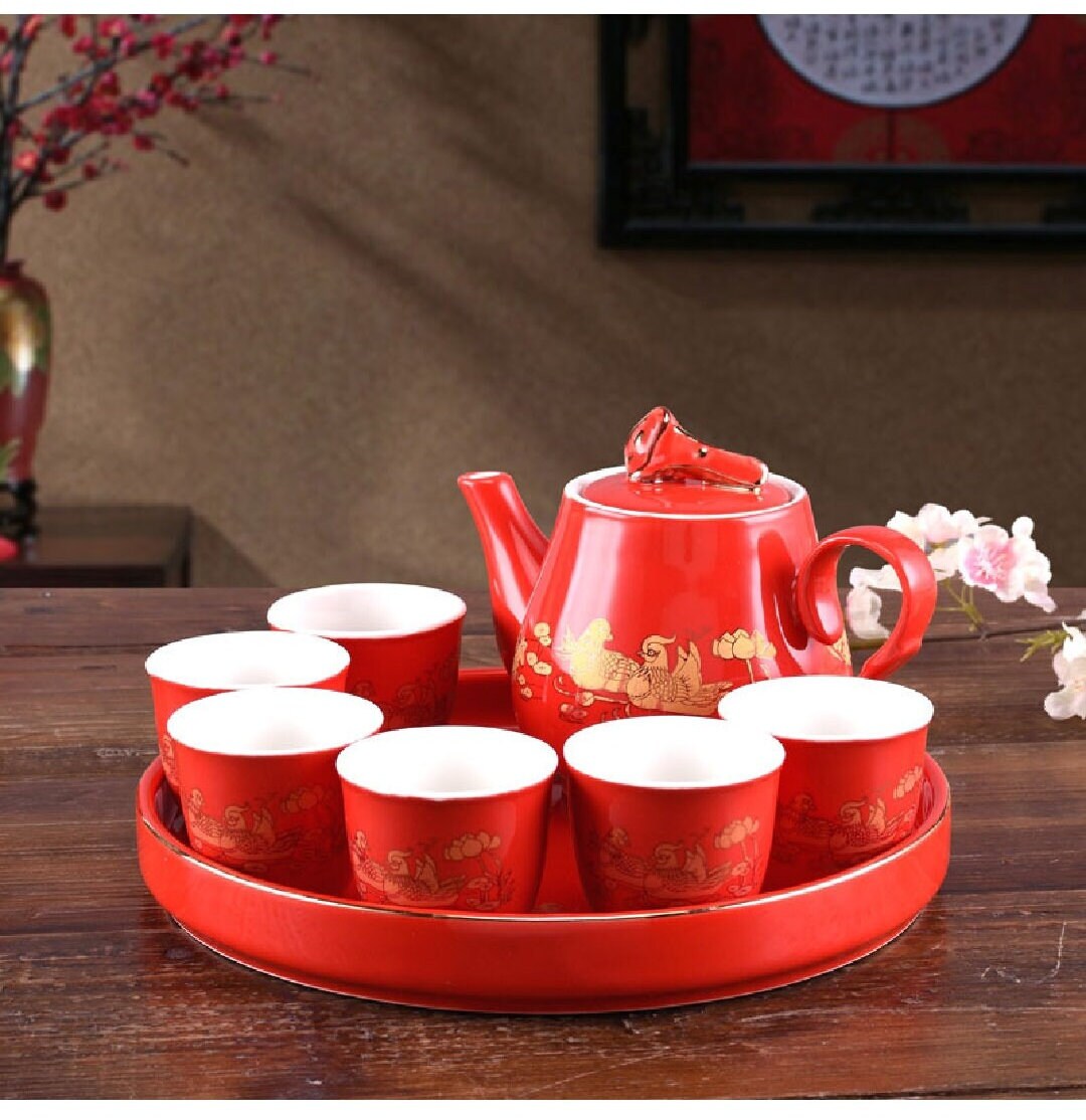 Traditional Wedding Happiness Xi Tea Set With Tray For Tea Ceremony