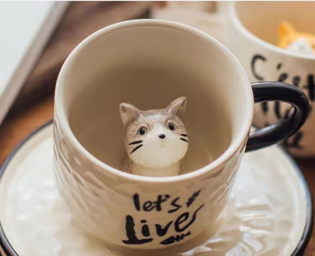 Ceramic Cute Cat Pattern Cup with Saucers/Kitty Coffee Mugs/Best Gift for Cat Tea Coffee Lovers