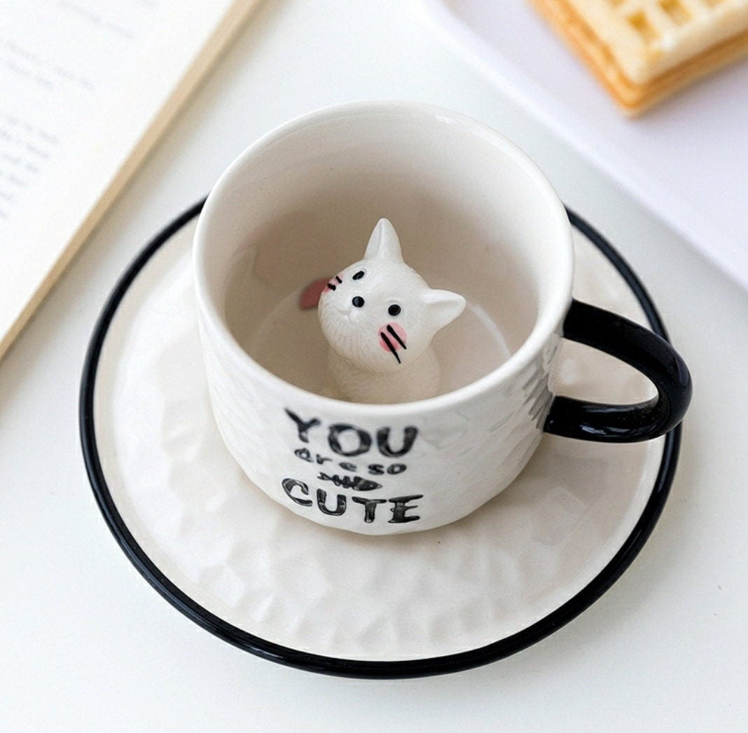 Ceramic Cute Cat Pattern Cup with Saucers/Kitty Coffee Mugs/Best Gift for Cat Tea Coffee Lovers