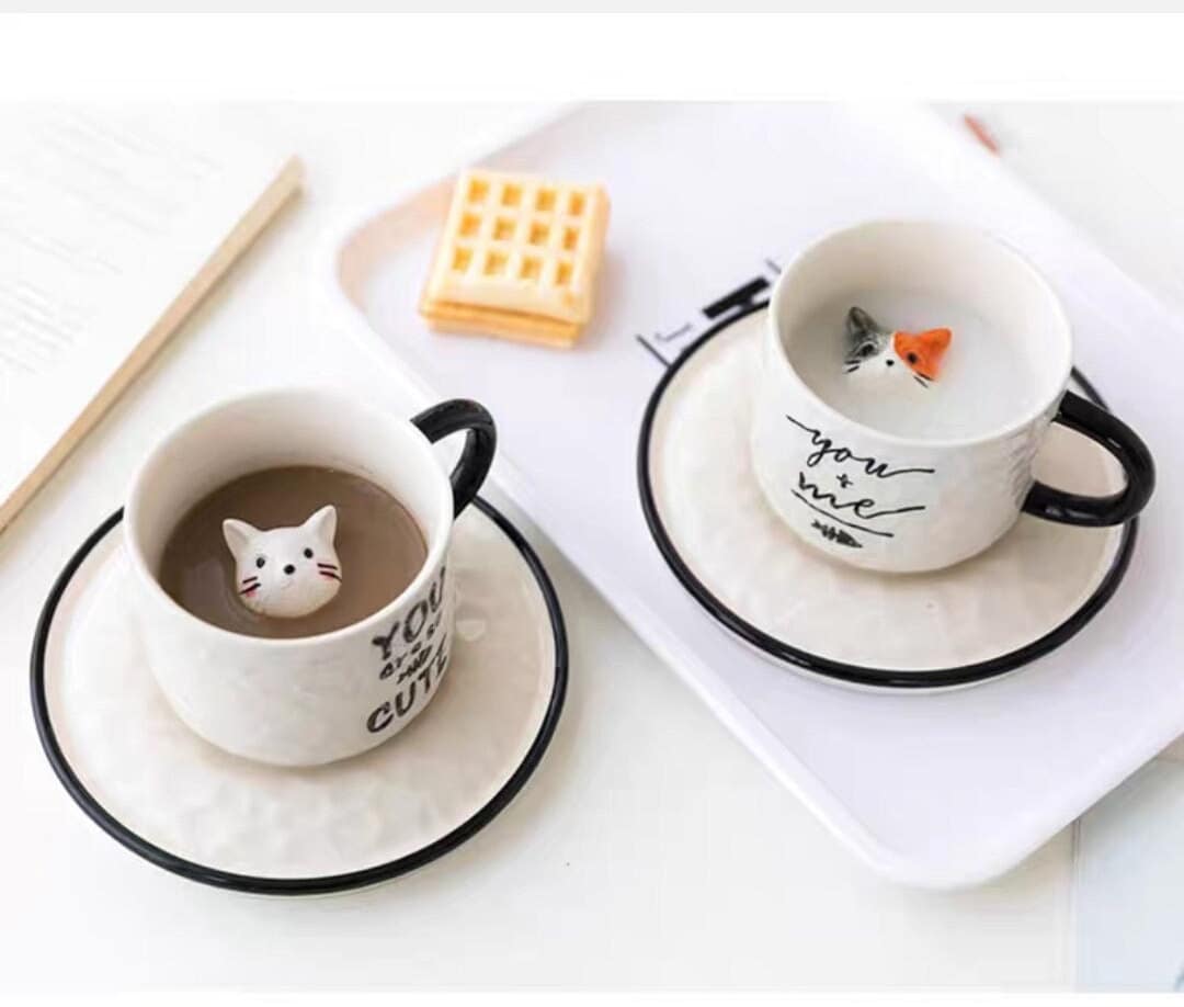 Ceramic Cute Cat Pattern Cup with Saucers/Kitty Coffee Mugs/Best Gift for Cat Tea Coffee Lovers