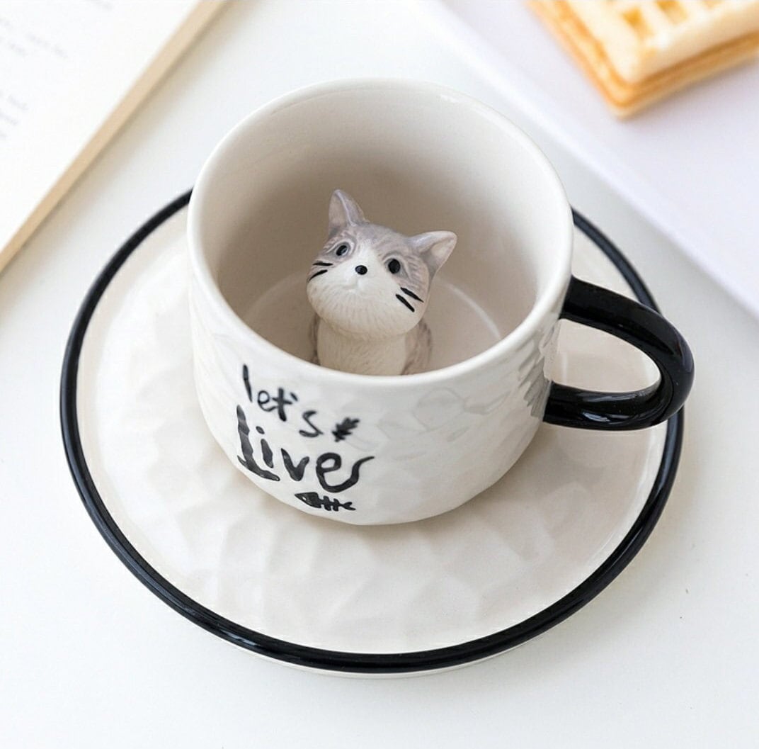 Ceramic Cute Cat Pattern Cup with Saucers/Kitty Coffee Mugs/Best Gift for Cat Tea Coffee Lovers
