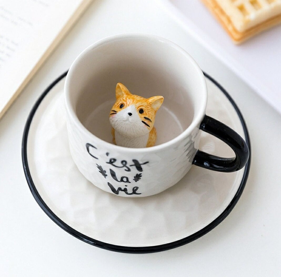 Ceramic Cute Cat Pattern Cup with Saucers/Kitty Coffee Mugs/Best Gift for Cat Tea Coffee Lovers