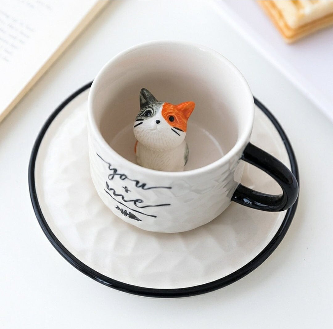 Ceramic Cute Cat Pattern Cup with Saucers/Kitty Coffee Mugs/Best Gift for Cat Tea Coffee Lovers