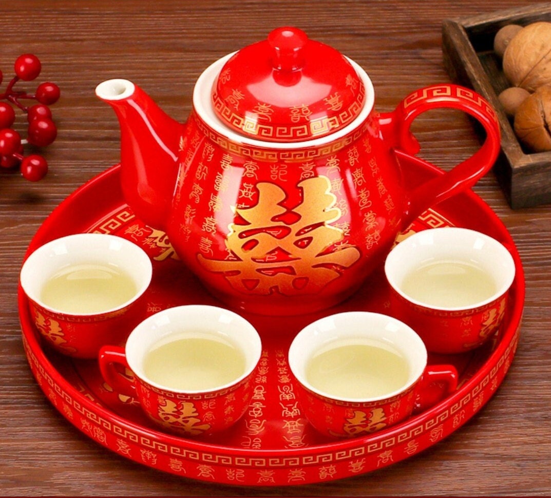 Double Happiness Hundreds of Blessings Red Tea Set Chinese Wedding Tea Ceremony