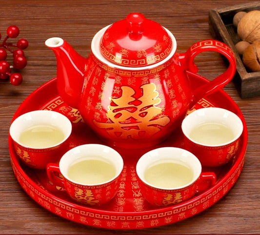 Double Happiness Hundreds of Blessings Red Tea Set Chinese Wedding Tea Ceremony