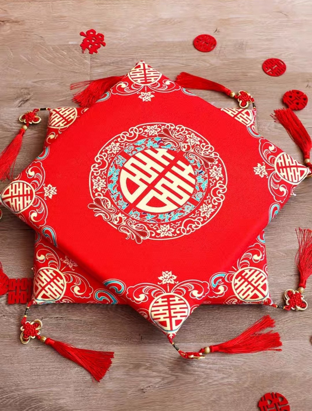 Double Happiness kneeling pad with tassels/Cushion-For Tea Ceremony/wedding/A set of two