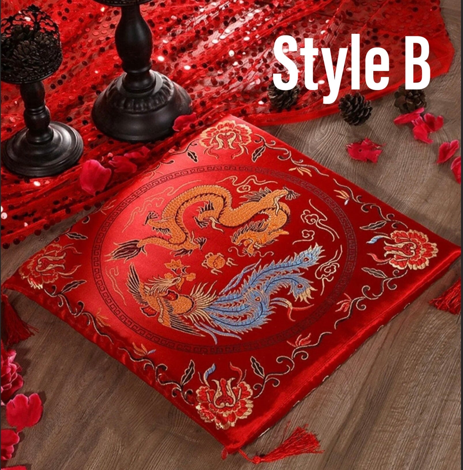 Double Happiness kneeling pad with tassels/Cushion-For Tea Ceremony/wedding/A set of two