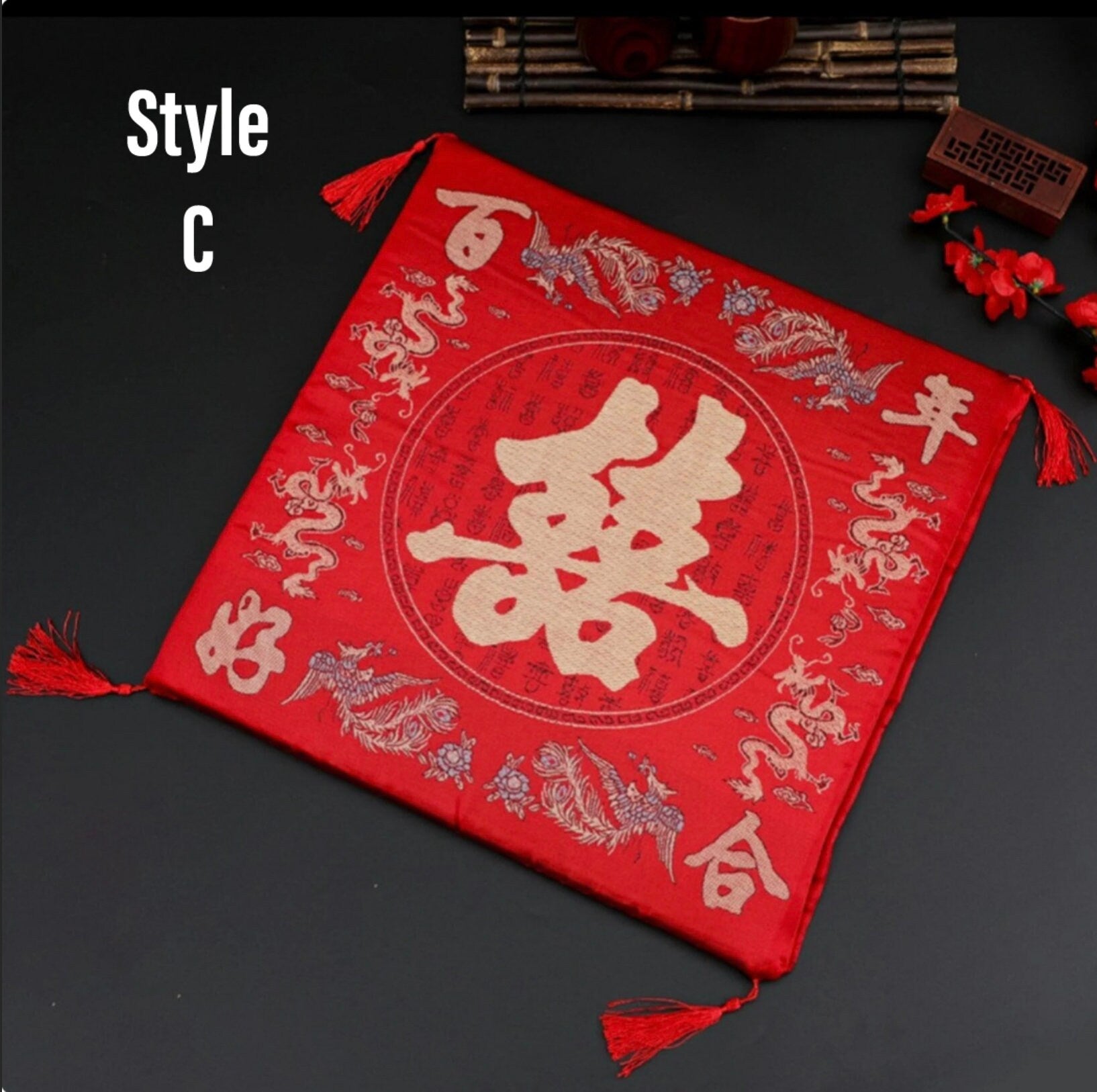 Double Happiness kneeling pad with tassels/Cushion-For Tea Ceremony/wedding/A set of two
