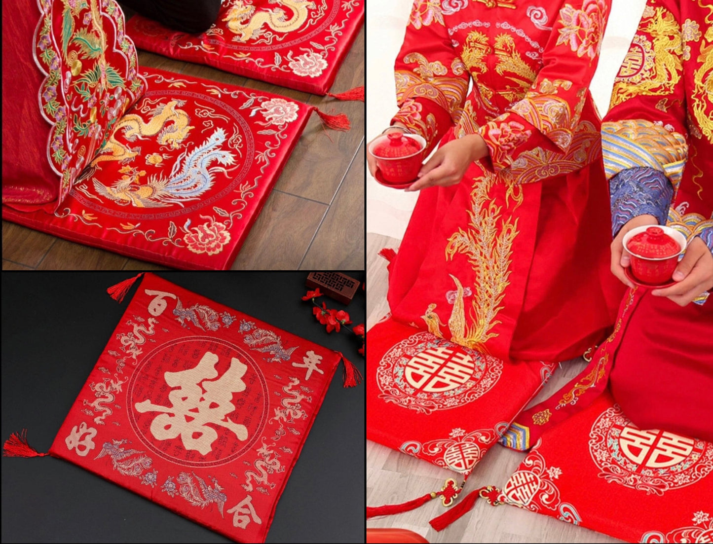 Double Happiness kneeling pad with tassels/Cushion-For Tea Ceremony/wedding/A set of two