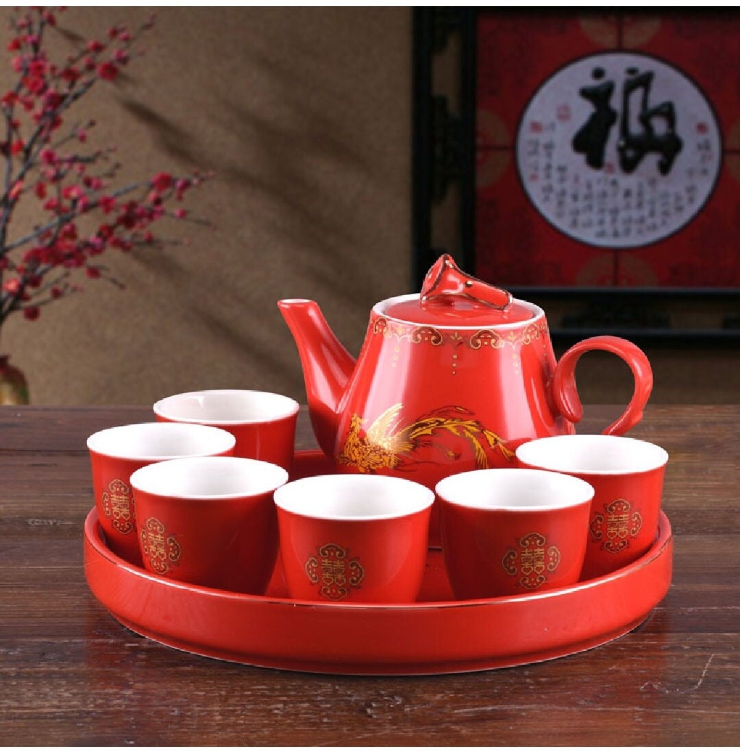 Traditional Wedding Happiness Xi Tea Set With Tray For Tea Ceremony