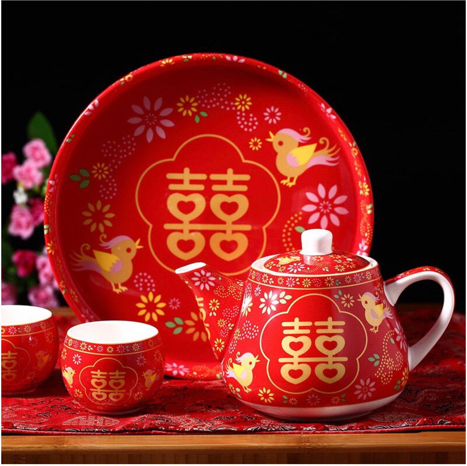 Love Birds Traditional Wedding Double Happiness Tea Set/For Tea Ceremony