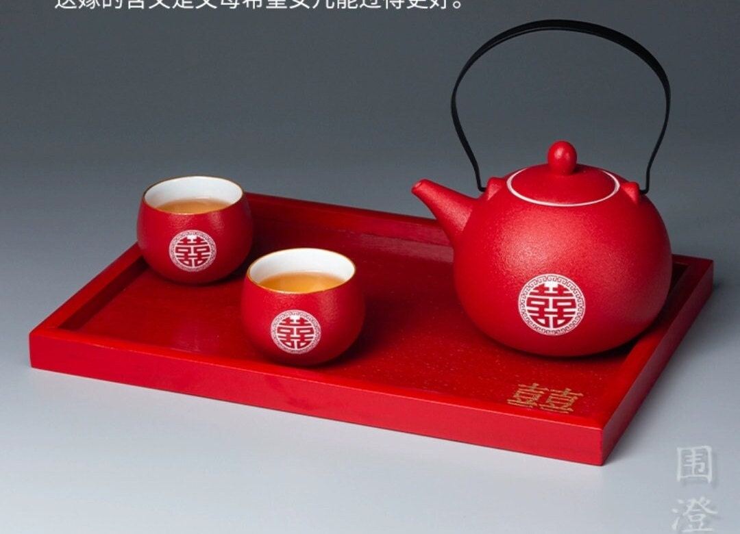 Oriental wedding double happiness tea set/with 8 teacups and tray/wedding porcelain tea set/tea ceremony
