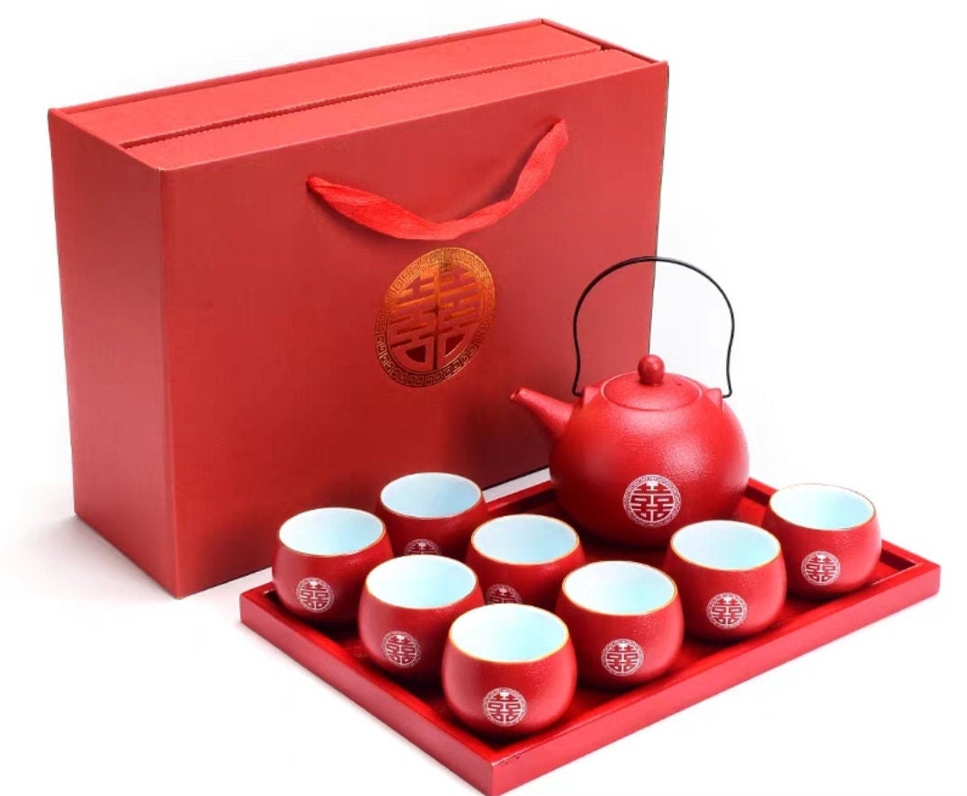 Oriental wedding double happiness tea set/with 8 teacups and tray/wedding porcelain tea set/tea ceremony