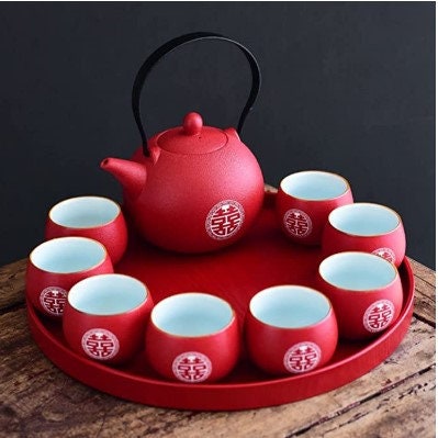 Oriental wedding double happiness tea set/with 8 teacups and tray/wedding porcelain tea set/tea ceremony
