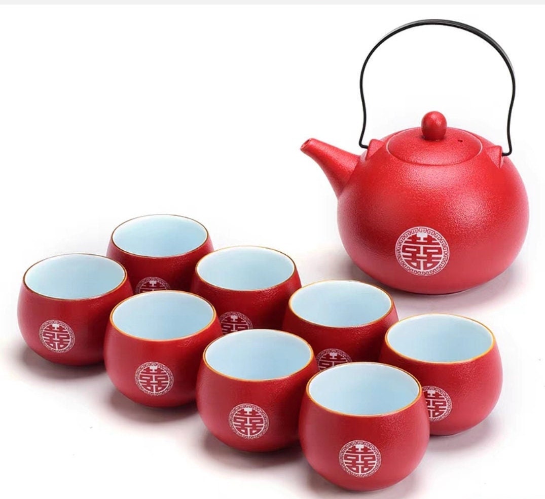 Oriental wedding double happiness tea set/with 8 teacups and tray/wedding porcelain tea set/tea ceremony