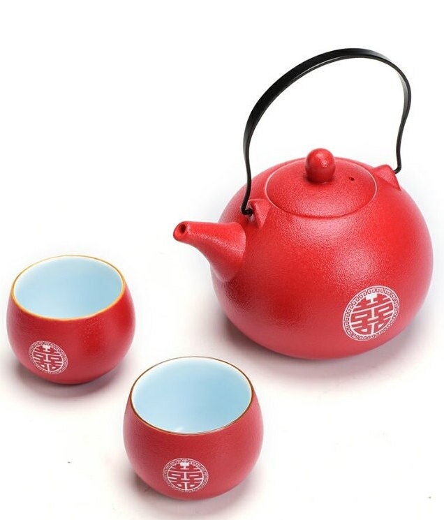 Oriental wedding double happiness tea set/with 8 teacups and tray/wedding porcelain tea set/tea ceremony