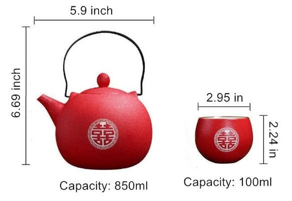 Oriental wedding double happiness tea set/with 8 teacups and tray/wedding porcelain tea set/tea ceremony