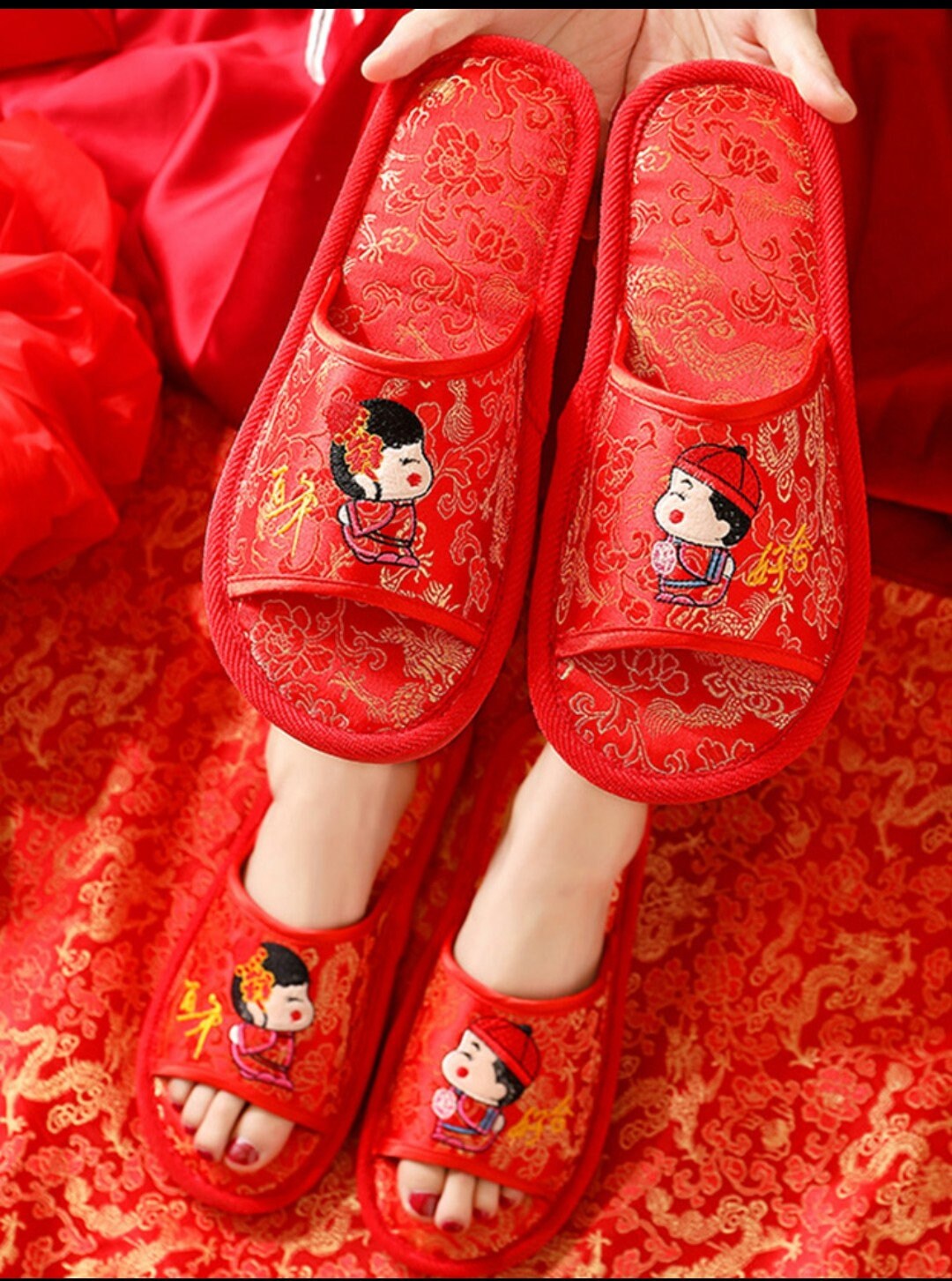 Red Satin Traditional Chinese Wedding Double Happiness Slippers For Bride And Groom/Bridesmaids/Groomsmen