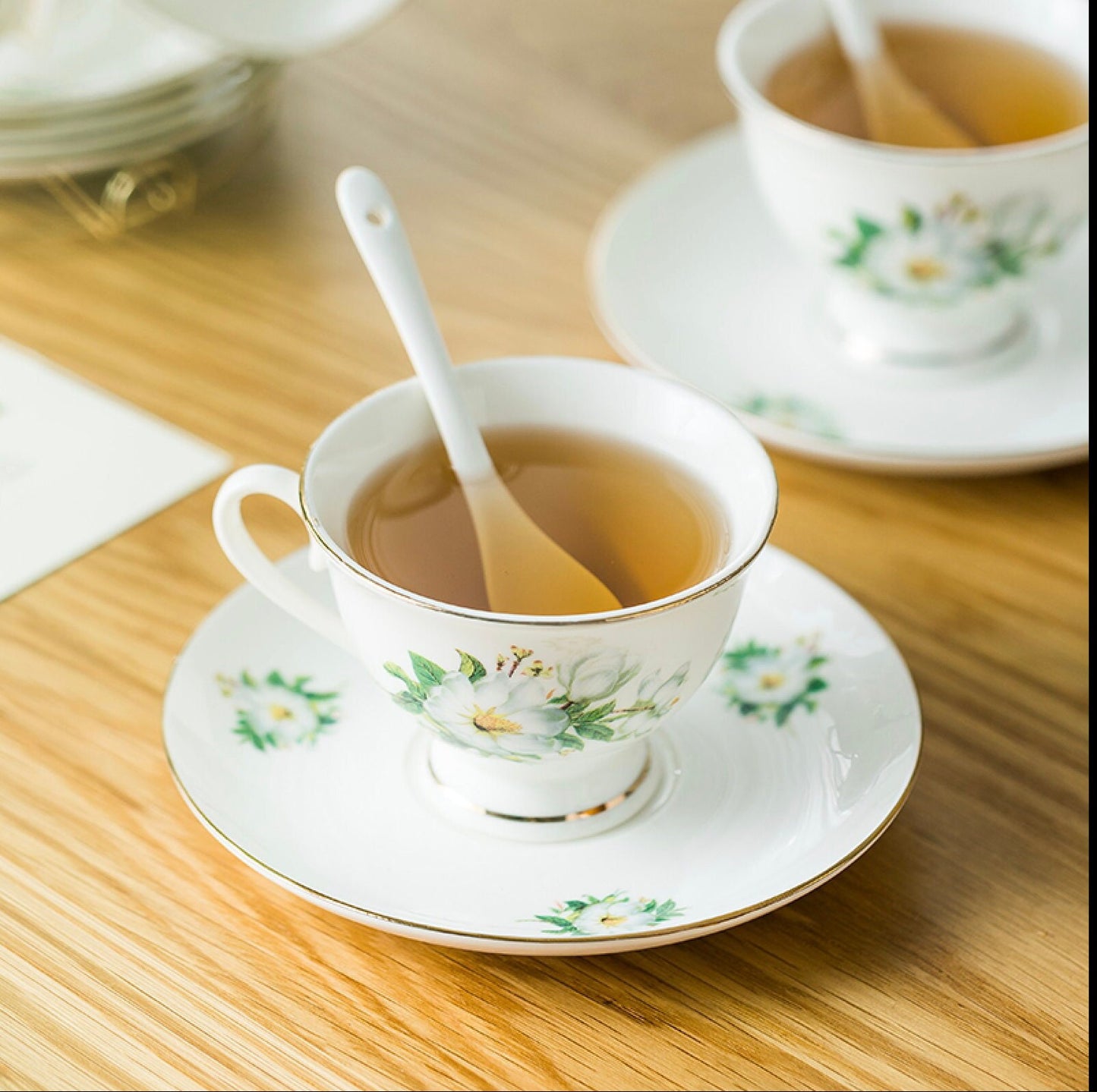 Vintage magnolia tea set with/24k gilded gold/warmer, glass tea pot and porcelain teacups and saucers, removable infuser