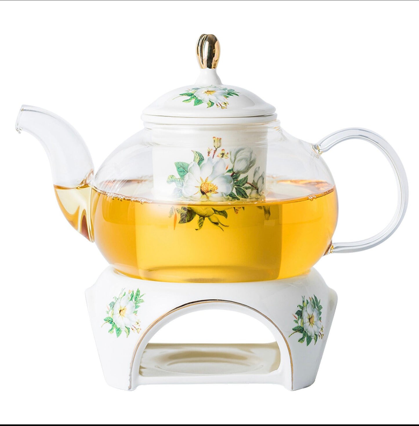 Vintage magnolia tea set with/24k gilded gold/warmer, glass tea pot and porcelain teacups and saucers, removable infuser