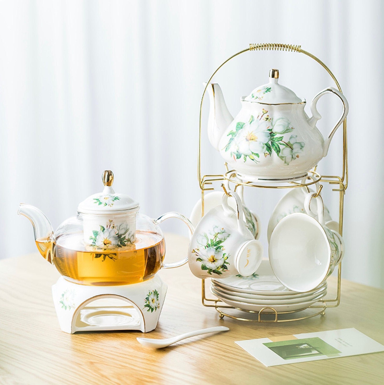 Vintage magnolia tea set with/24k gilded gold/warmer, glass tea pot and porcelain teacups and saucers, removable infuser