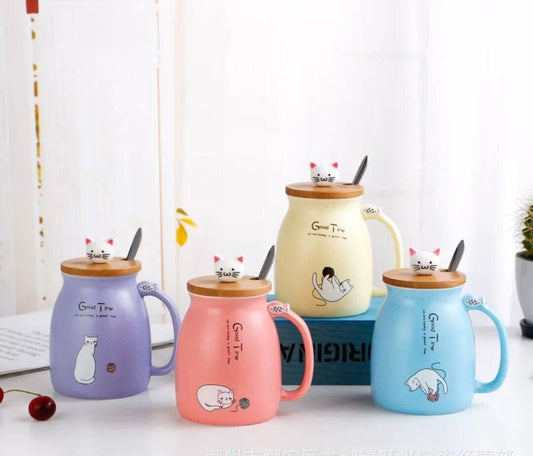 Cat Mug With Spoon Lid/Lovely Kitty Mug/Morning Milk Cup/Coffee/Tea/Holiday Mug